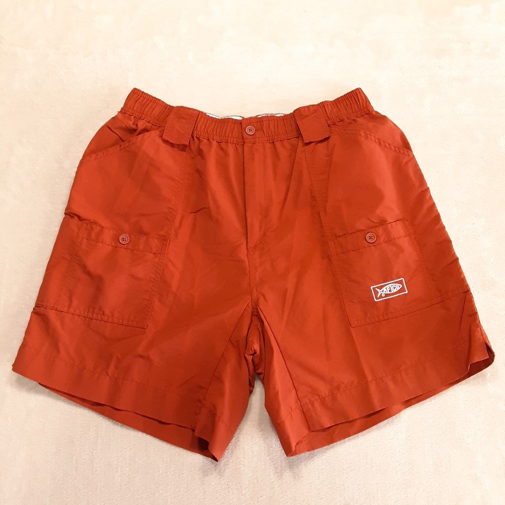 Aftco Fishing Mens Nylon Cargo Shorts 36 Burnt Orange Elastic Waist 8" Inseam